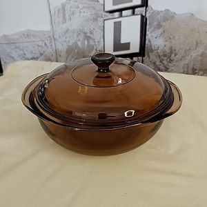 Vintage Pyrex Glass Amber 023 N~Round 1.5 Qt L Casserole Baking Dish With Lid